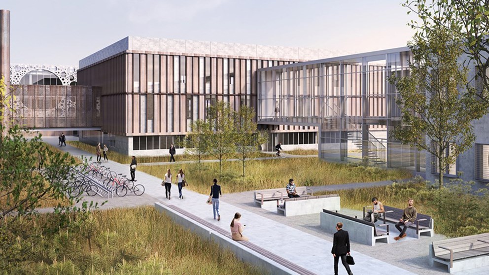 Visualisering af det kommende nye Dream Lab, der kobles sammen med det eksisterende Mærsk Mc-Kinney Møller Institut på Syddansk Universitet i Odense med stier og grønne områder langs med bygningen