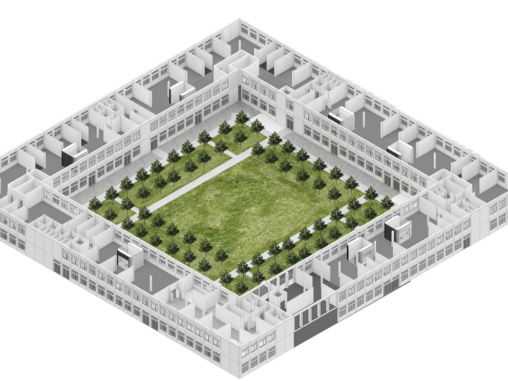 3D visualisering af den kvadratiske bygning 3 på RUC med en kvadratisk have i sit indre gårdrum