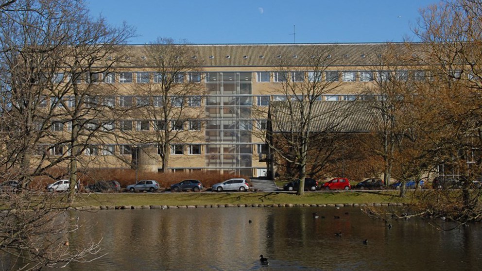 Aarhus Universitet, Bartholin-komplekset med facade i de for universitetet karakteristiske gule mursten. Foran ses en sø og træer.