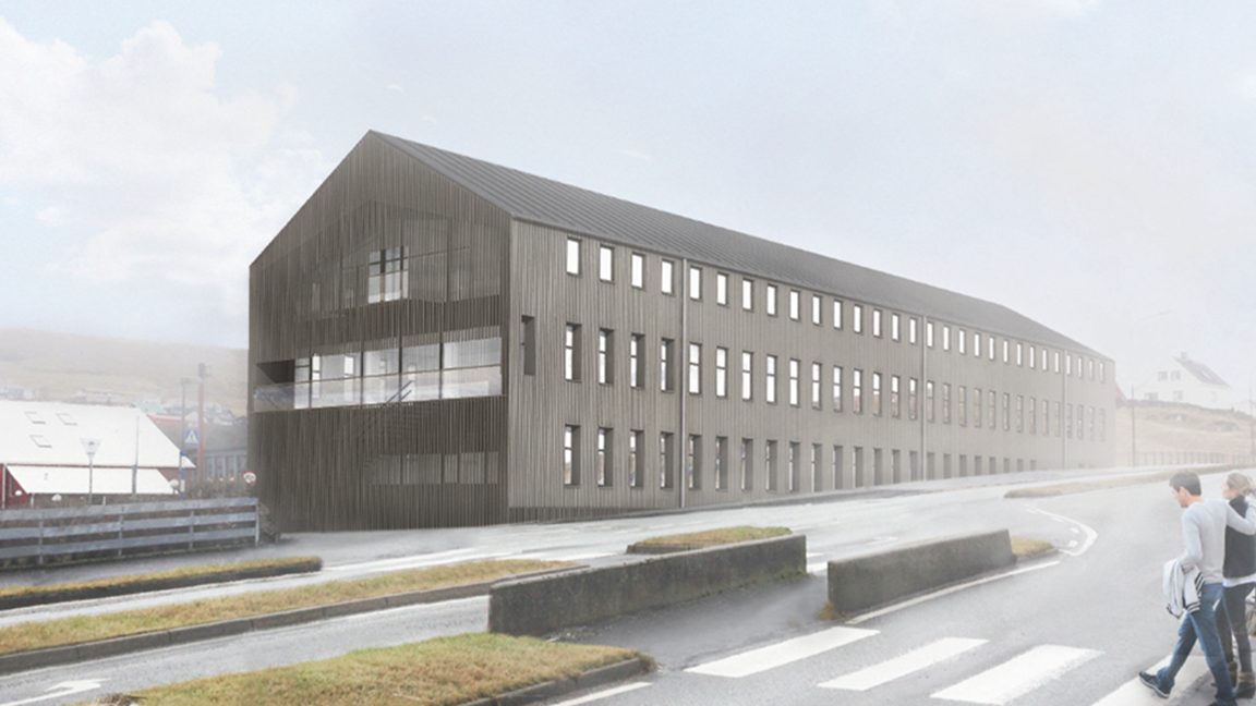 Visualisering af den nye hovedpolitistation på Færøerne. Facaden er mørk og med smalle vinduer.