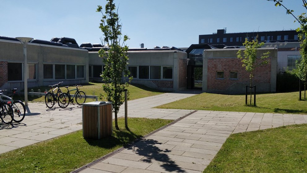 Pon 101 på AAlborg Universitet med betonfacade og flisestier samt græs, træer og cykelstativer foran