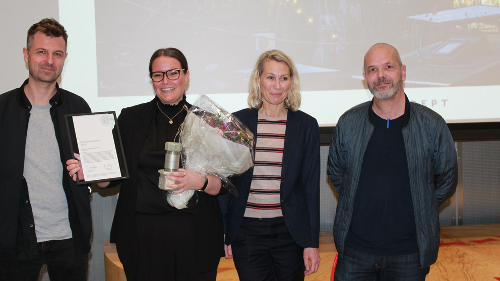 Foto af Martin Krogh fra ADEPT, Lisa Sørensen fra Bygningsstyrelsen, Kirstine Leth Juul samt Torben Nielsen fra Arkitektskolen Aarhus