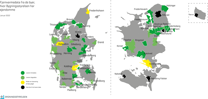 Danmarkskort med markering af byer med fjernvarmedata for Bygningsstyrelsens ejendomme